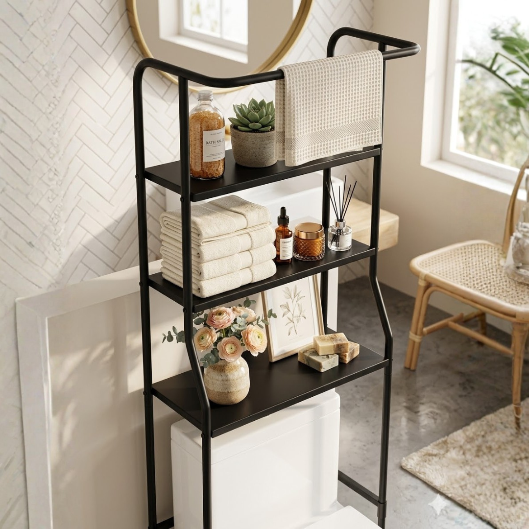 Toilet shelf above toilet with 3 levels
