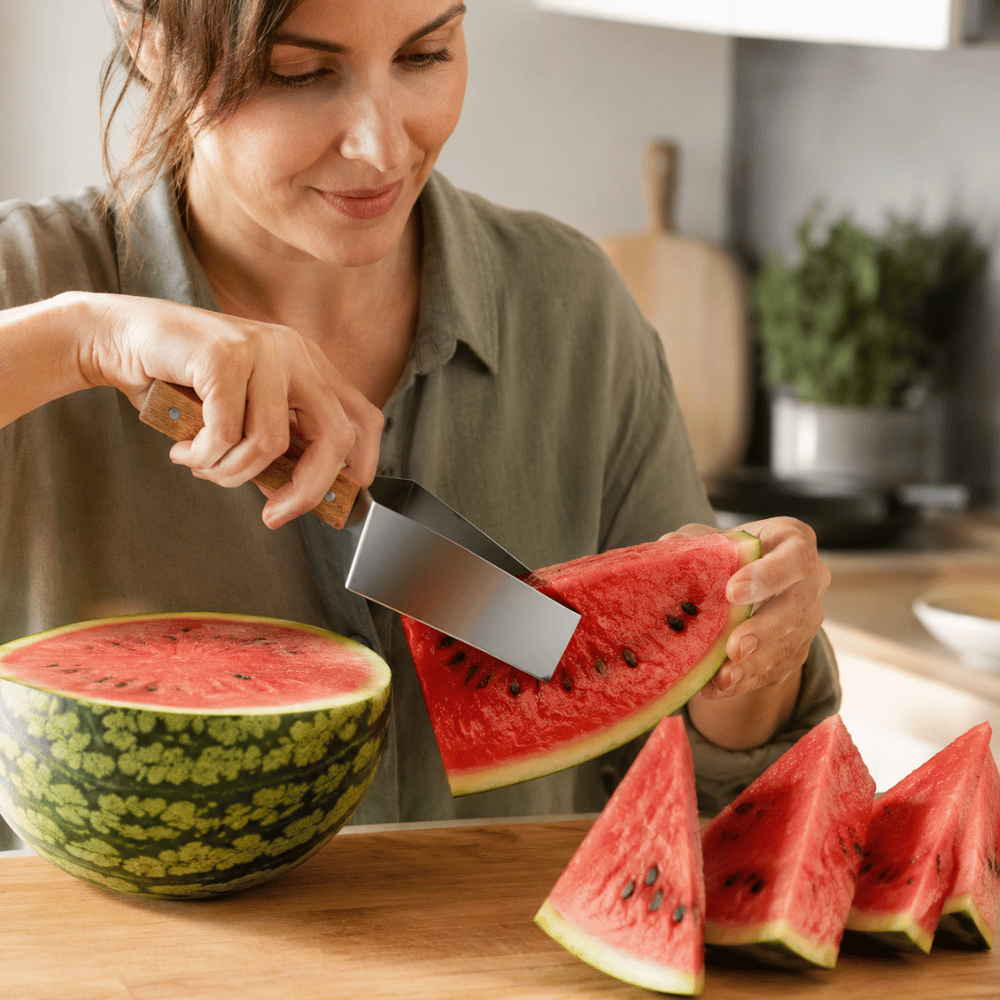 Stainless steel fruit cutter with ergonomic handle