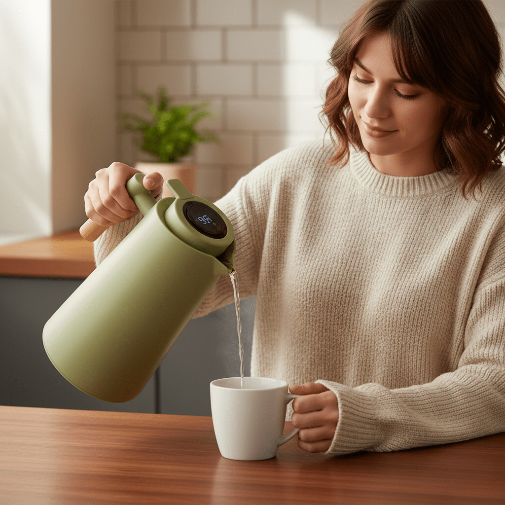 Thermos flask with temperature display and wooden handle