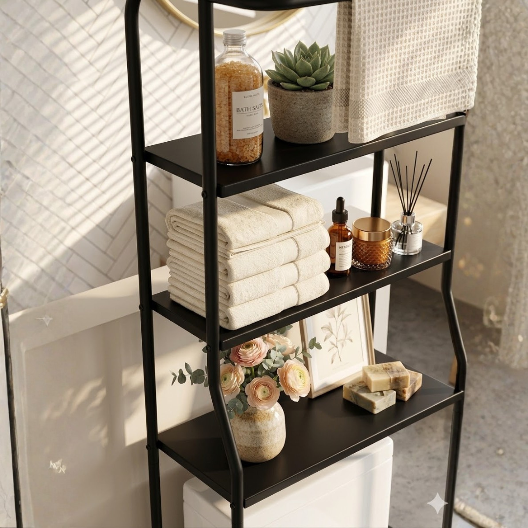 Toilet shelf above toilet with 3 levels