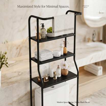 Toilet shelf above toilet with 3 levels
