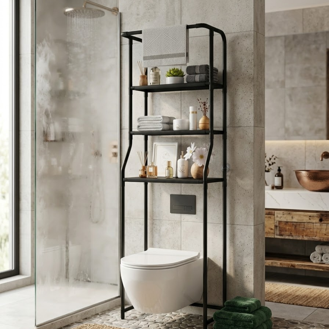 Toilet shelf above toilet with 3 levels