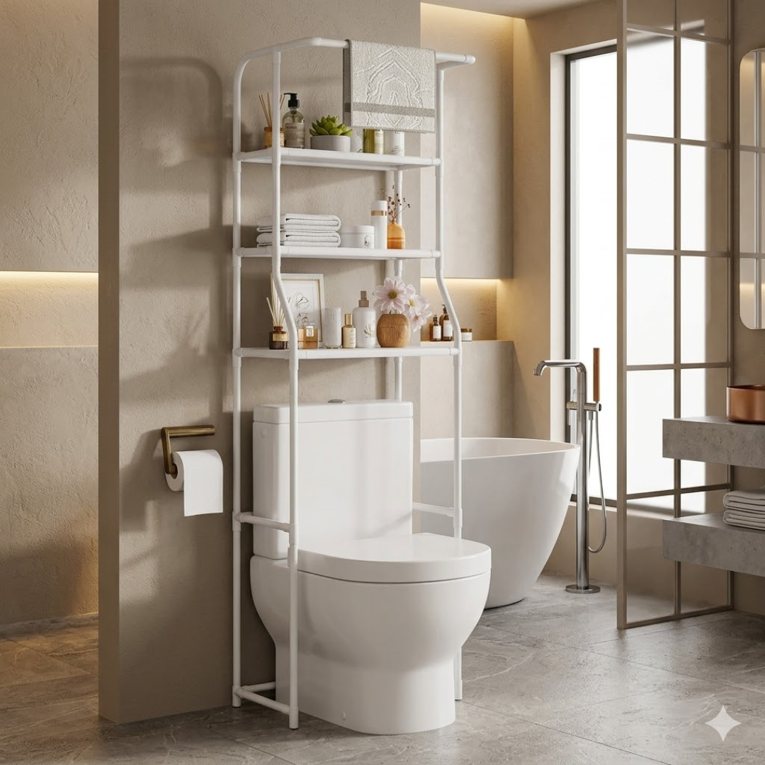 Toilet shelf above toilet with 3 levels