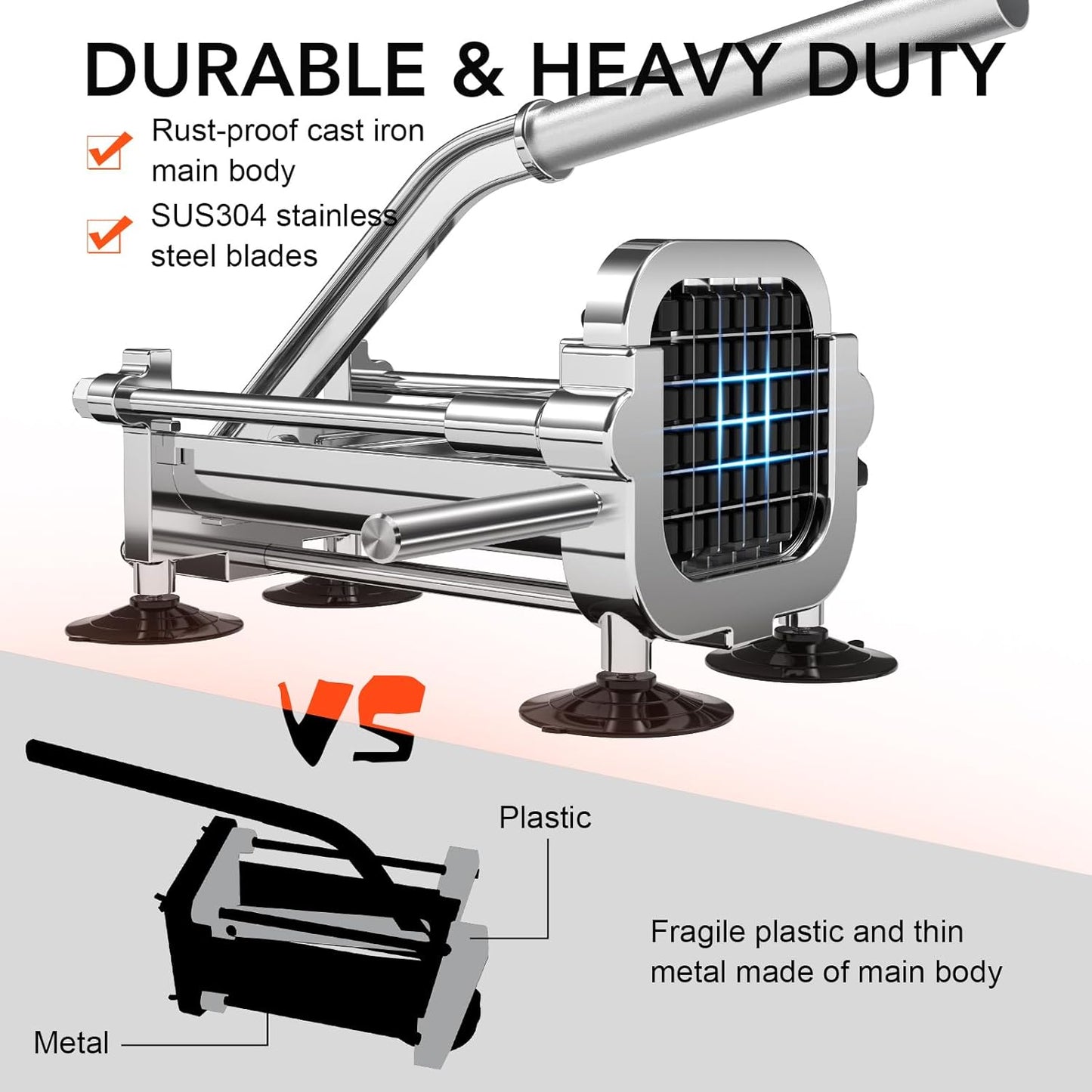 French fries cutter made of stainless steel with 2 interchangeable cutting inserts