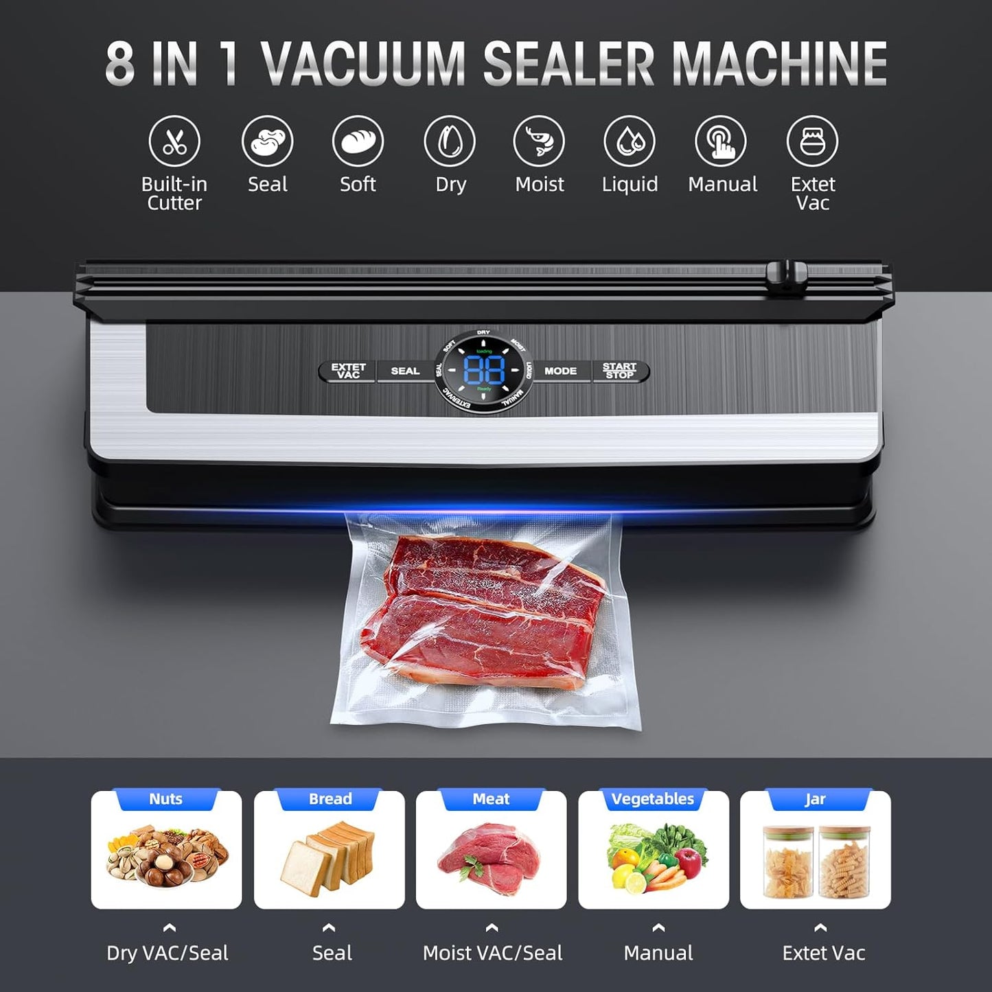 Vacuum sealer with built-in cutting blade - less food waste