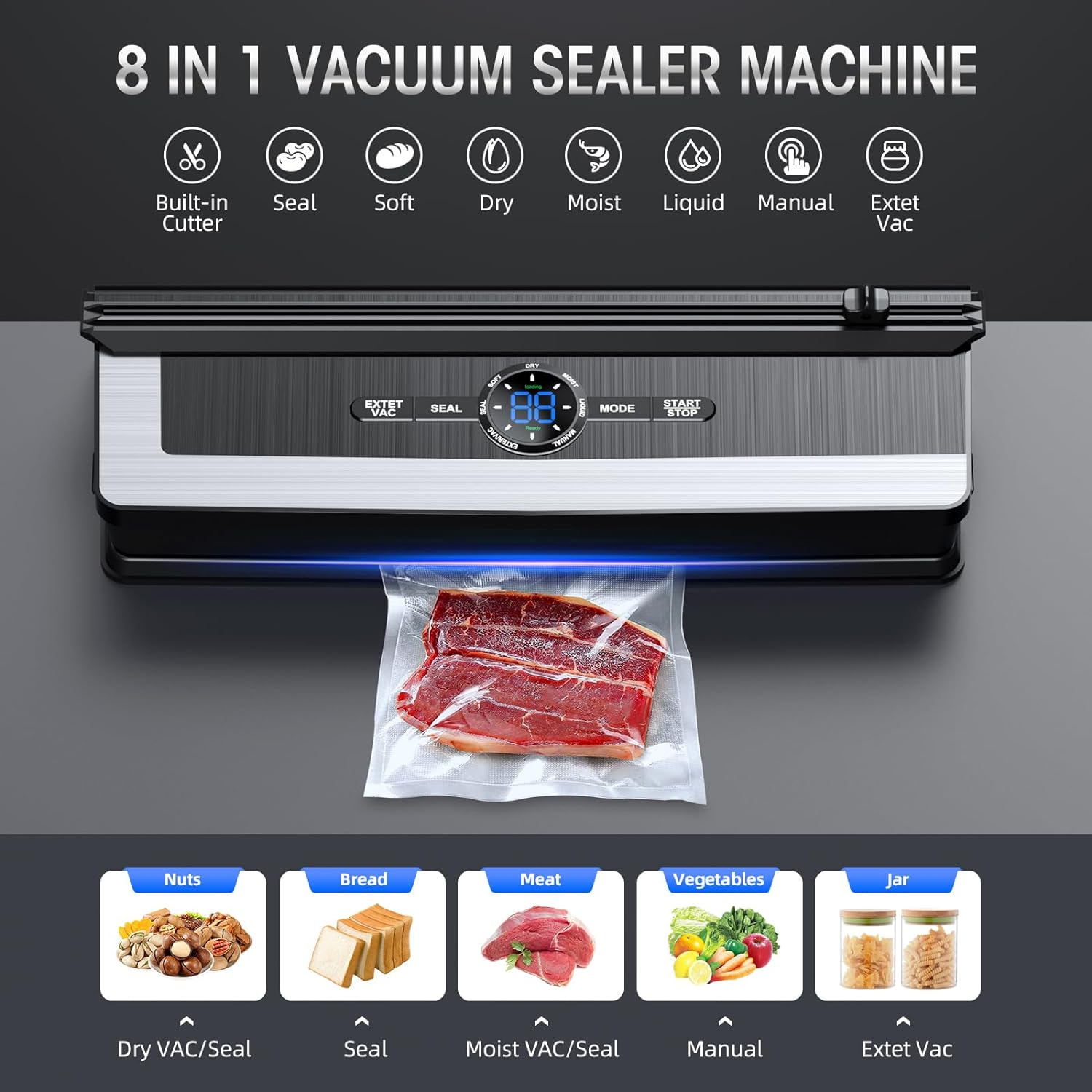 Vacuum sealer with built-in cutting blade - less food waste