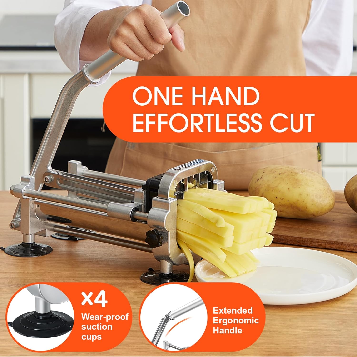 French fries cutter made of stainless steel with 2 interchangeable cutting inserts