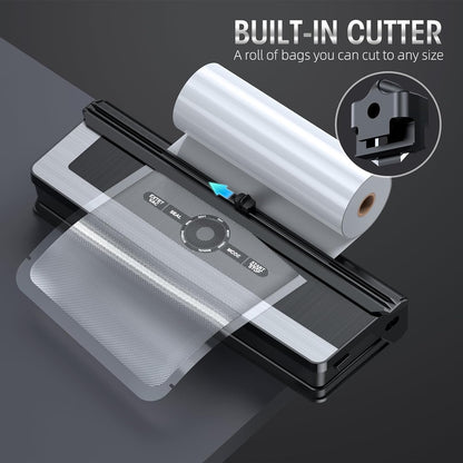 Vacuum sealer with built-in cutting blade - less food waste