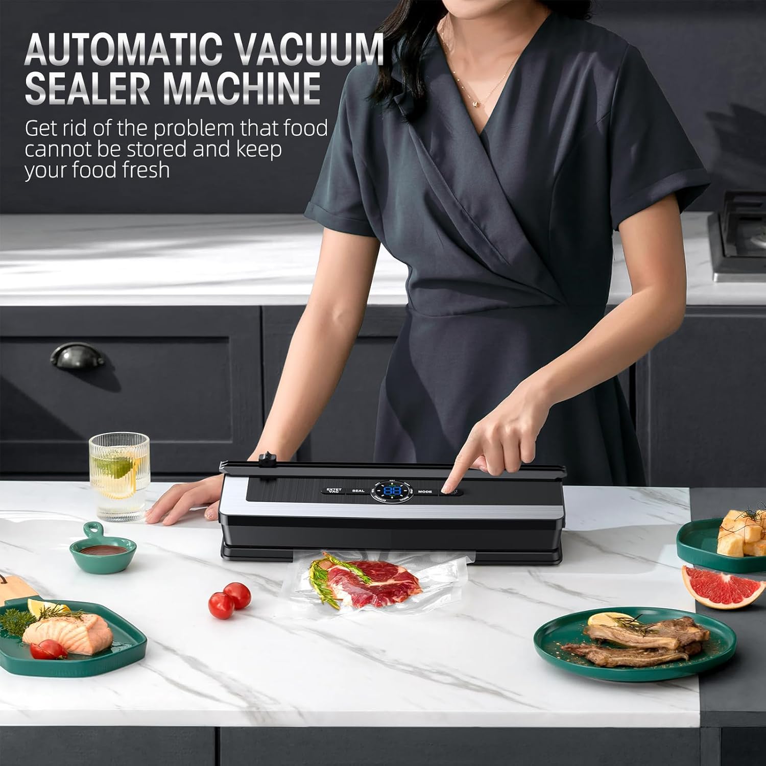 Vacuum sealer with built-in cutting blade - less food waste