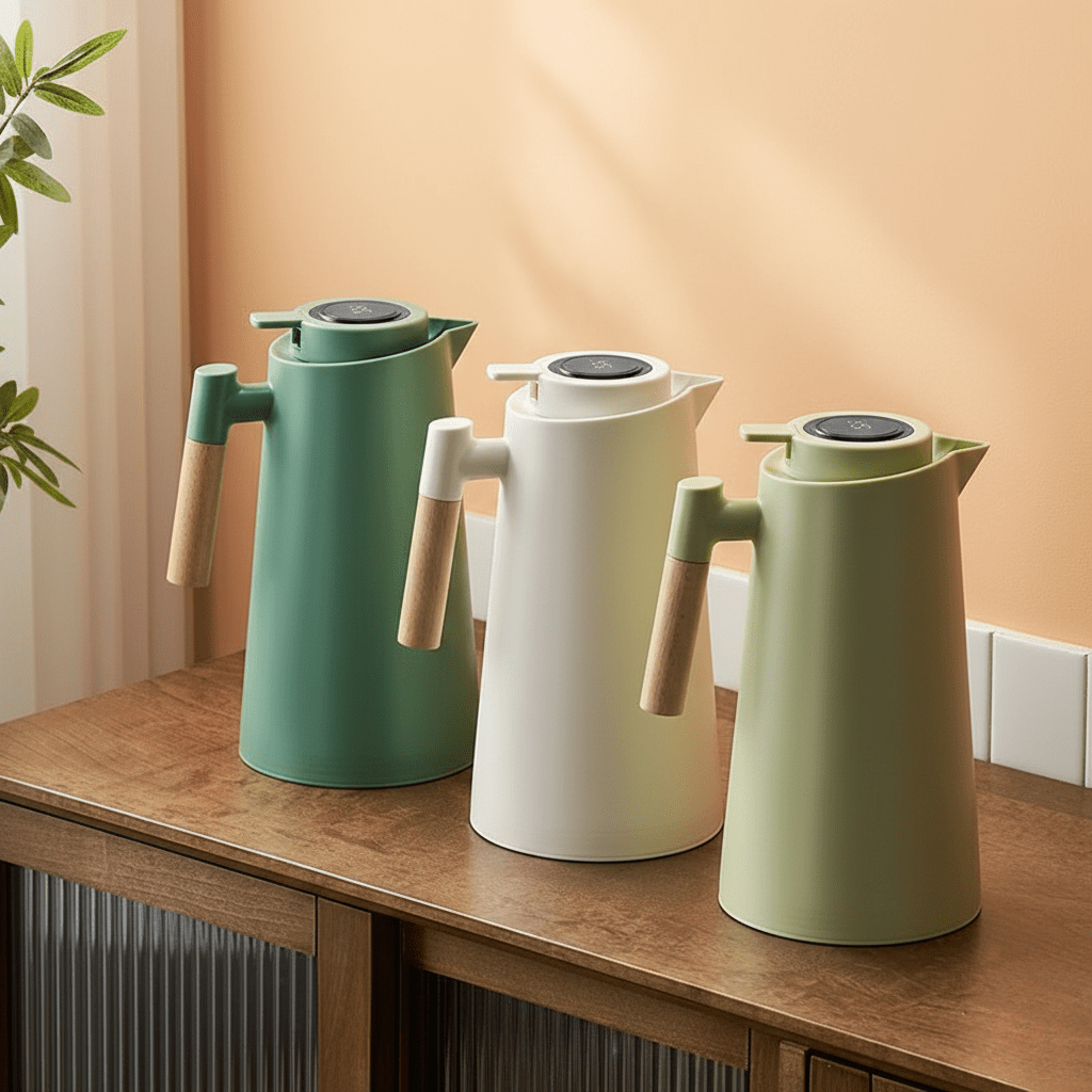Thermos flask with temperature display and wooden handle