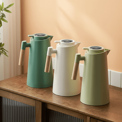 Thermos flask with temperature display and wooden handle