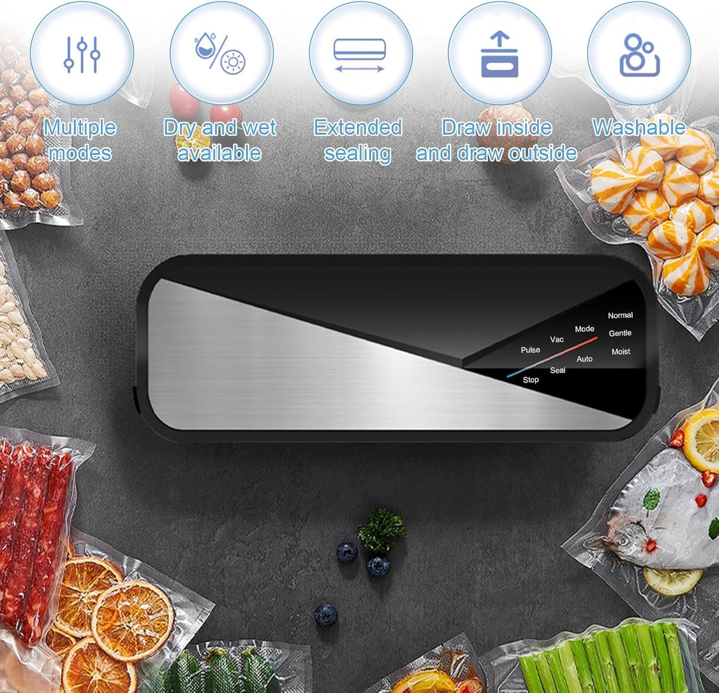 6-in-1 vacuum sealer with 80 kPa suction and 30 cm sealing strip - Fresvyn