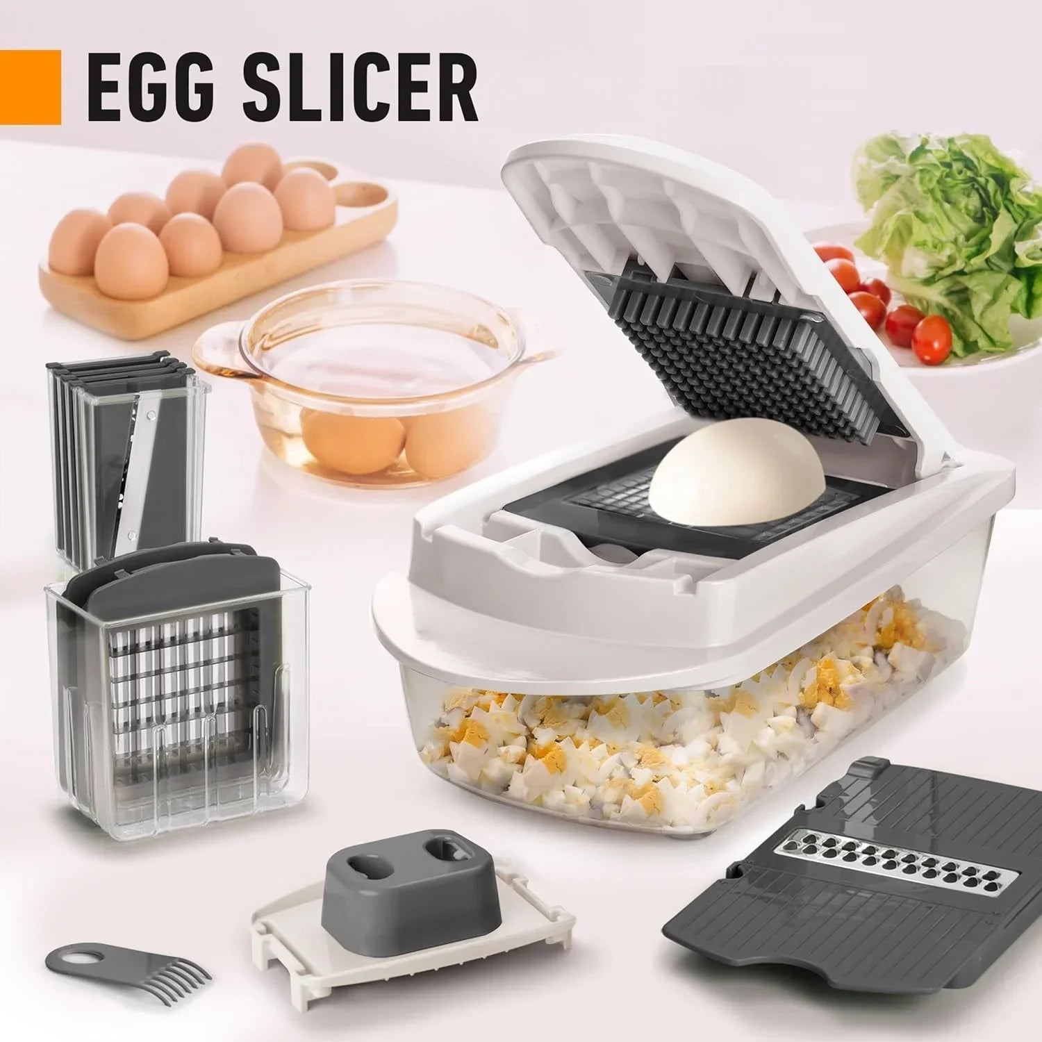 Vegetable cutter with 8 blades - chopping, slicing, grating and dicing