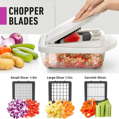 Vegetable cutter with 8 blades - chopping, slicing, grating and dicing