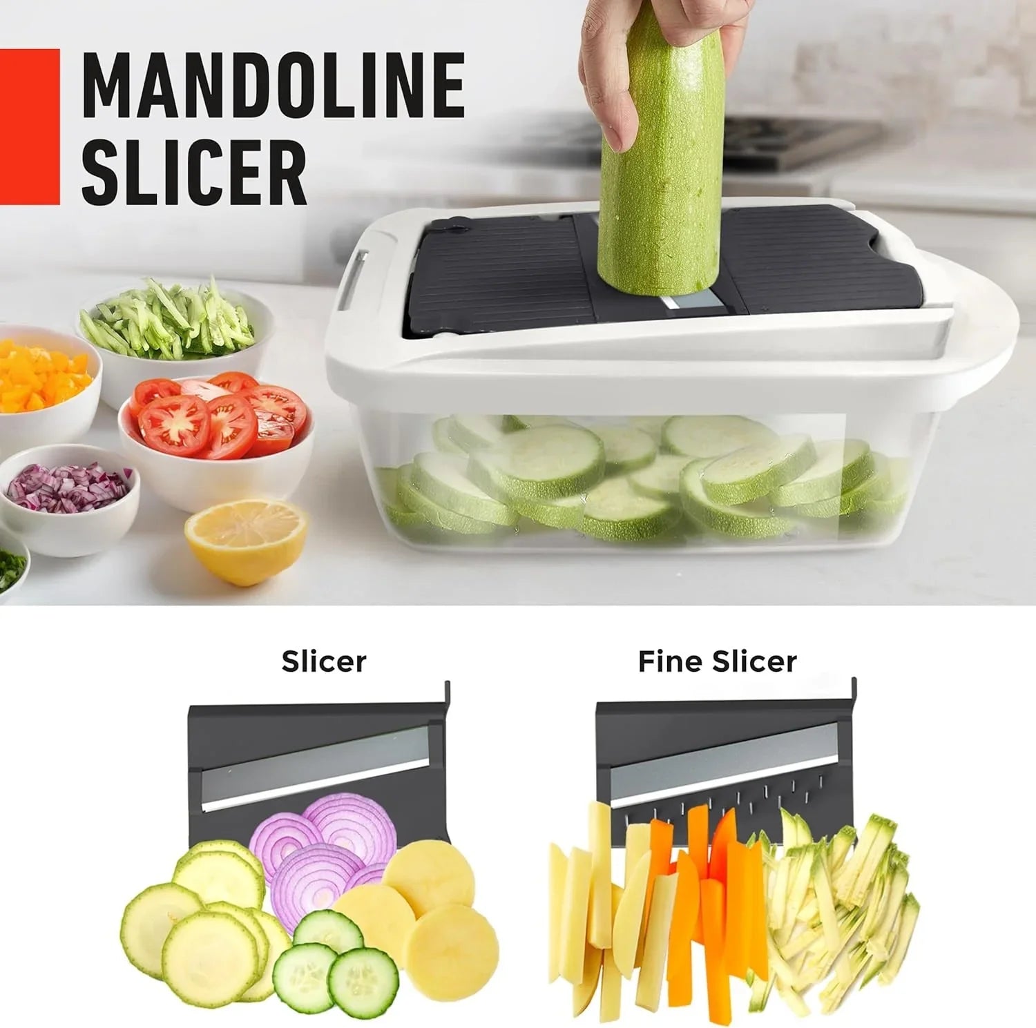 Vegetable cutter with 8 blades - chopping, slicing, grating and dicing
