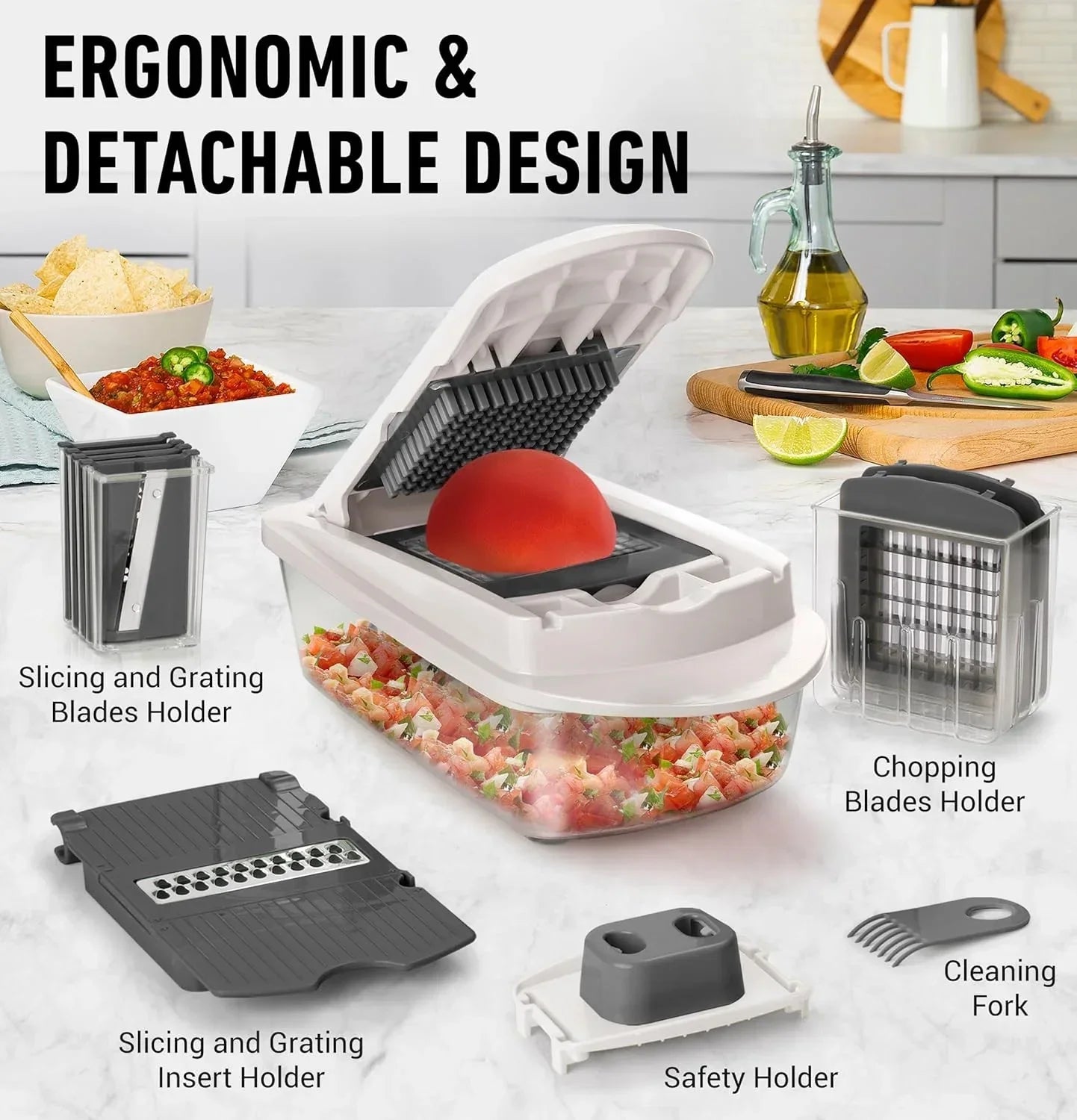 Vegetable cutter with 8 blades - chopping, slicing, grating and dicing