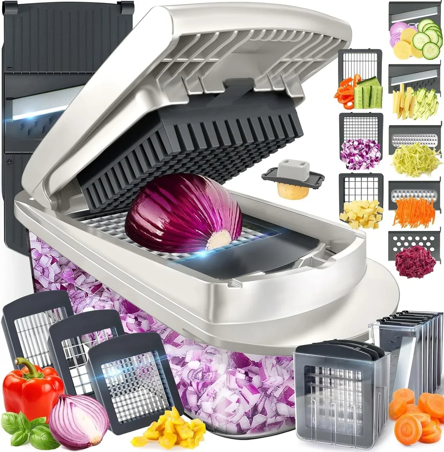 Vegetable cutter with 8 blades - chopping, slicing, grating and dicing