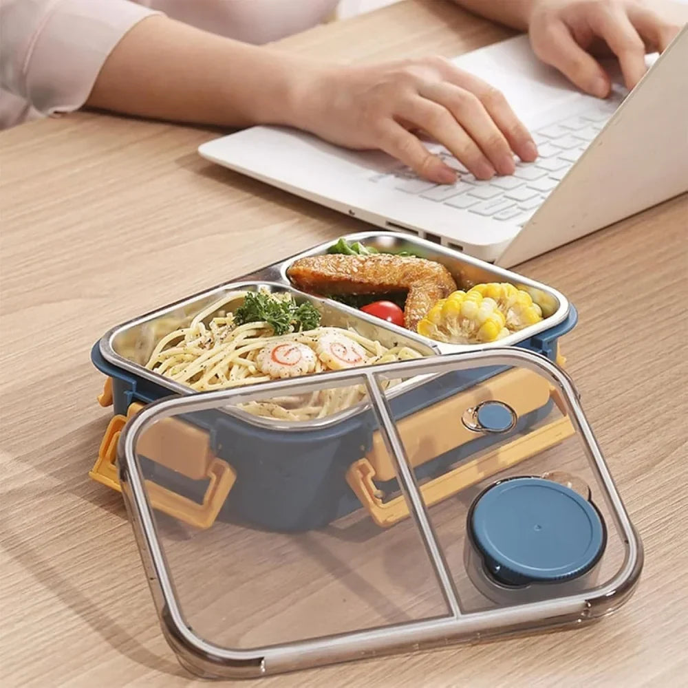 Stainless steel lunch box with 3 compartments and sauce container