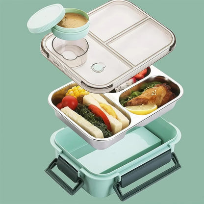 Stainless steel lunch box with 3 compartments and sauce container