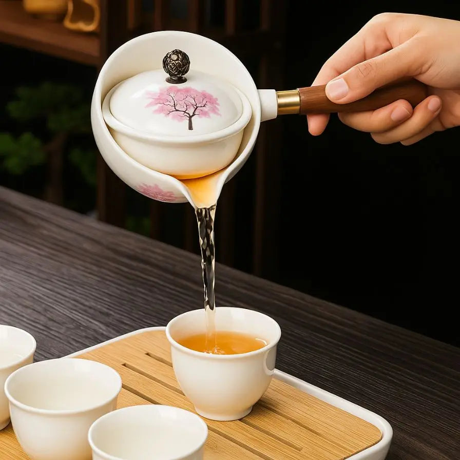 Ceramic teapot with cherry blossom decoration and rotating strainer