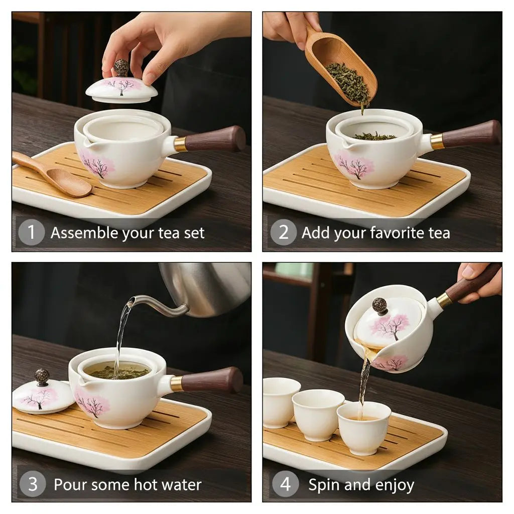 Ceramic teapot with cherry blossom decoration and rotating strainer