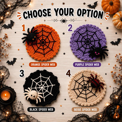 Halloween Decoration 3.94'' Crochet Spider Web Coasters 3D Spider Knitted Cup Mats Gothic Table Decor
