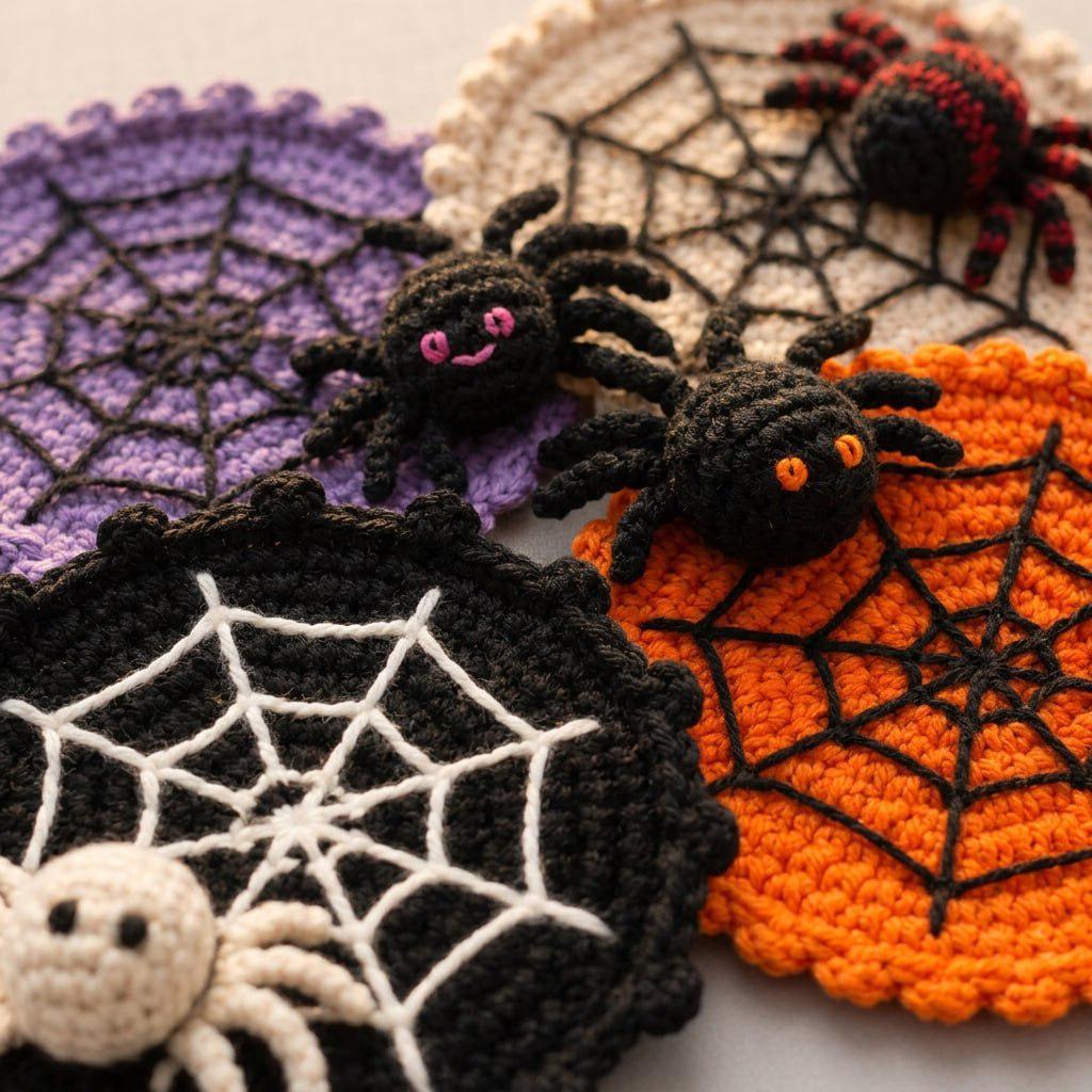Halloween Decoration 3.94'' Crochet Spider Web Coasters 3D Spider Knitted Cup Mats Gothic Table Decor