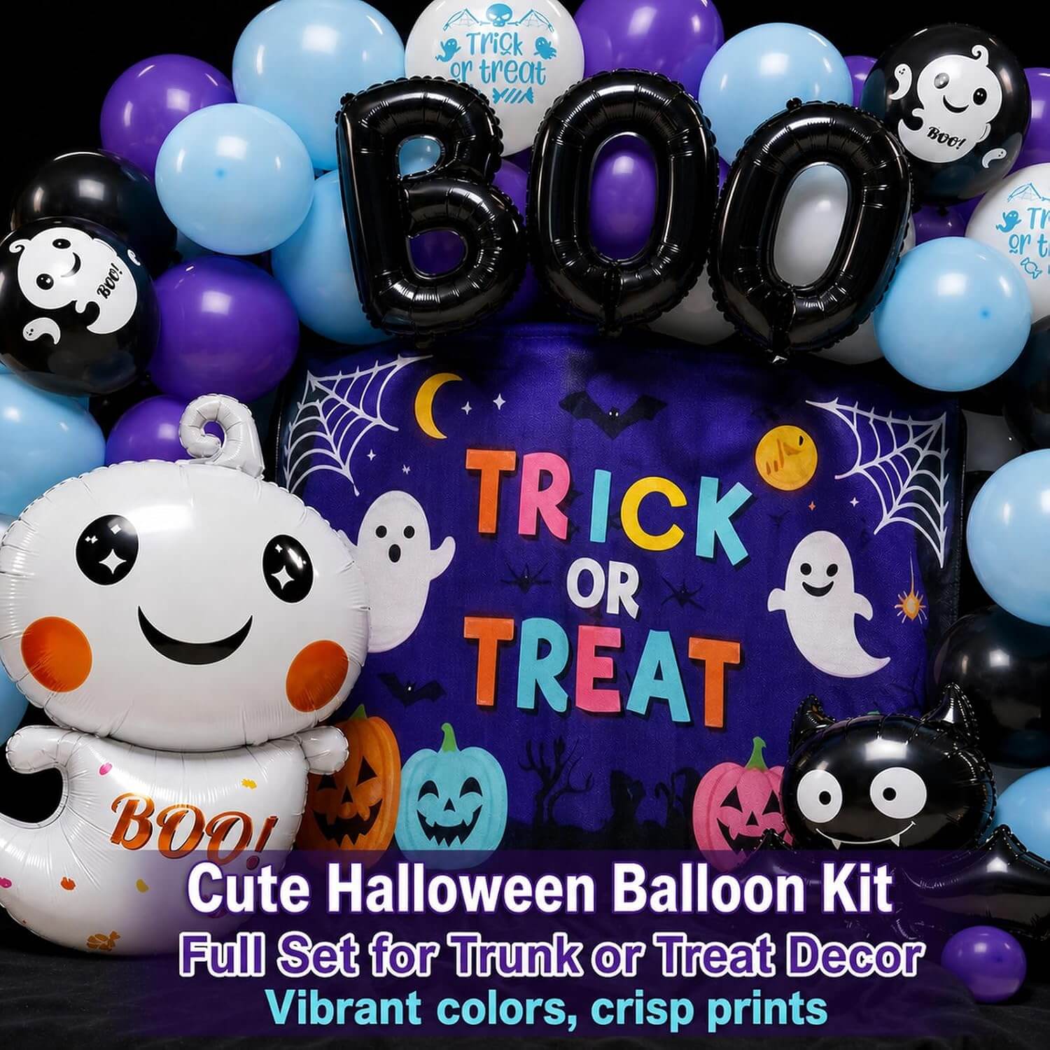 Halloween Decoration Kit Cute Boo Balloon Arch Backdrop Banner and Spooky Ornaments for Holiday Party