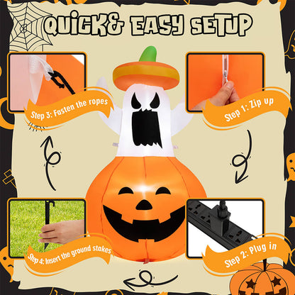 Halloween Inflatables Animated Ghost Pumpkin with LED Lights Movable Up and Down Ghost For Yard Decoration