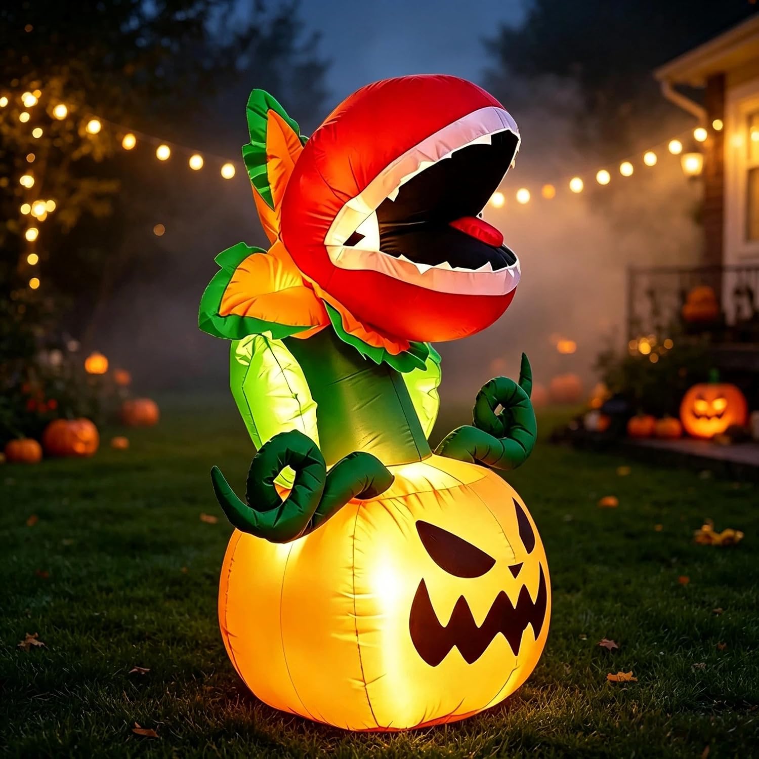 5FT Halloween Inflatables Carnivorous Plant on Pumpkin with LED Lights Monster Blow‑Up Ornament for Holiday Decor