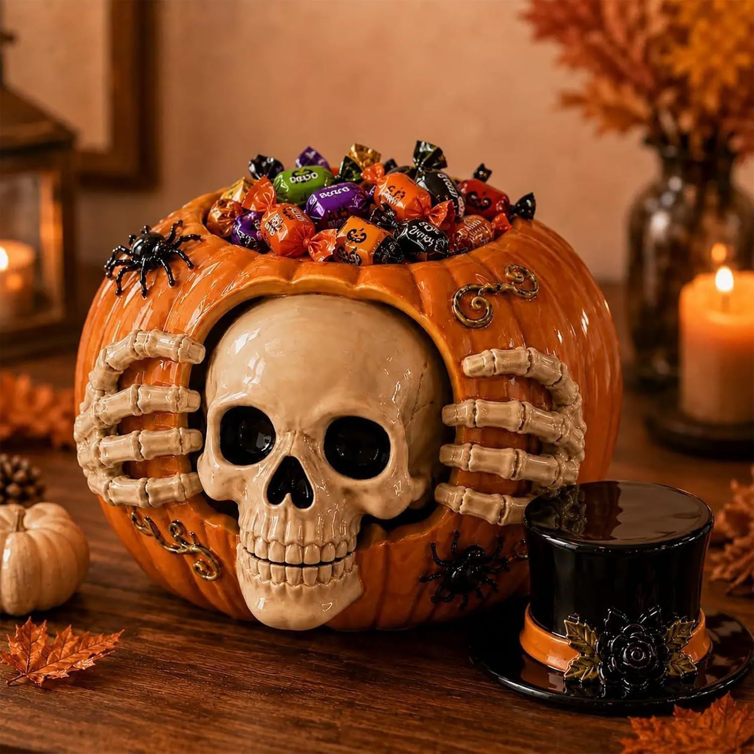 Halloween Skull Pumpkin Candy Jar with Removable Lid Spooky Skeleton Hand Pumpkin Treat Jar for Party Decor
