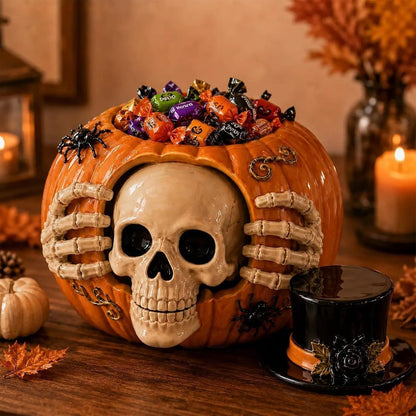 Halloween Skull Pumpkin Candy Jar with Removable Lid Spooky Skeleton Hand Pumpkin Treat Jar for Party Decor