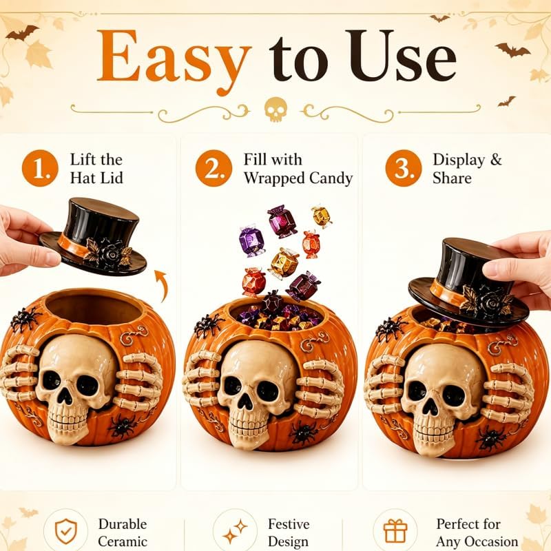 Halloween Skull Pumpkin Candy Jar with Removable Lid Spooky Skeleton Hand Pumpkin Treat Jar for Party Decor