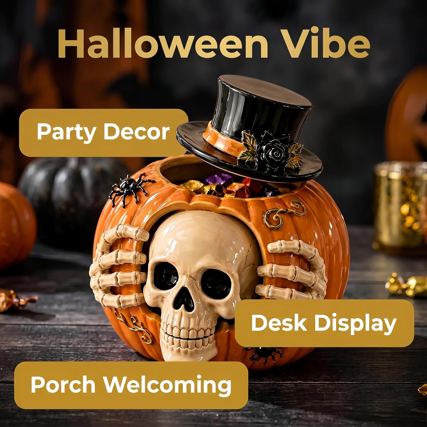 Halloween Skull Pumpkin Candy Jar with Removable Lid Spooky Skeleton Hand Pumpkin Treat Jar for Party Decor