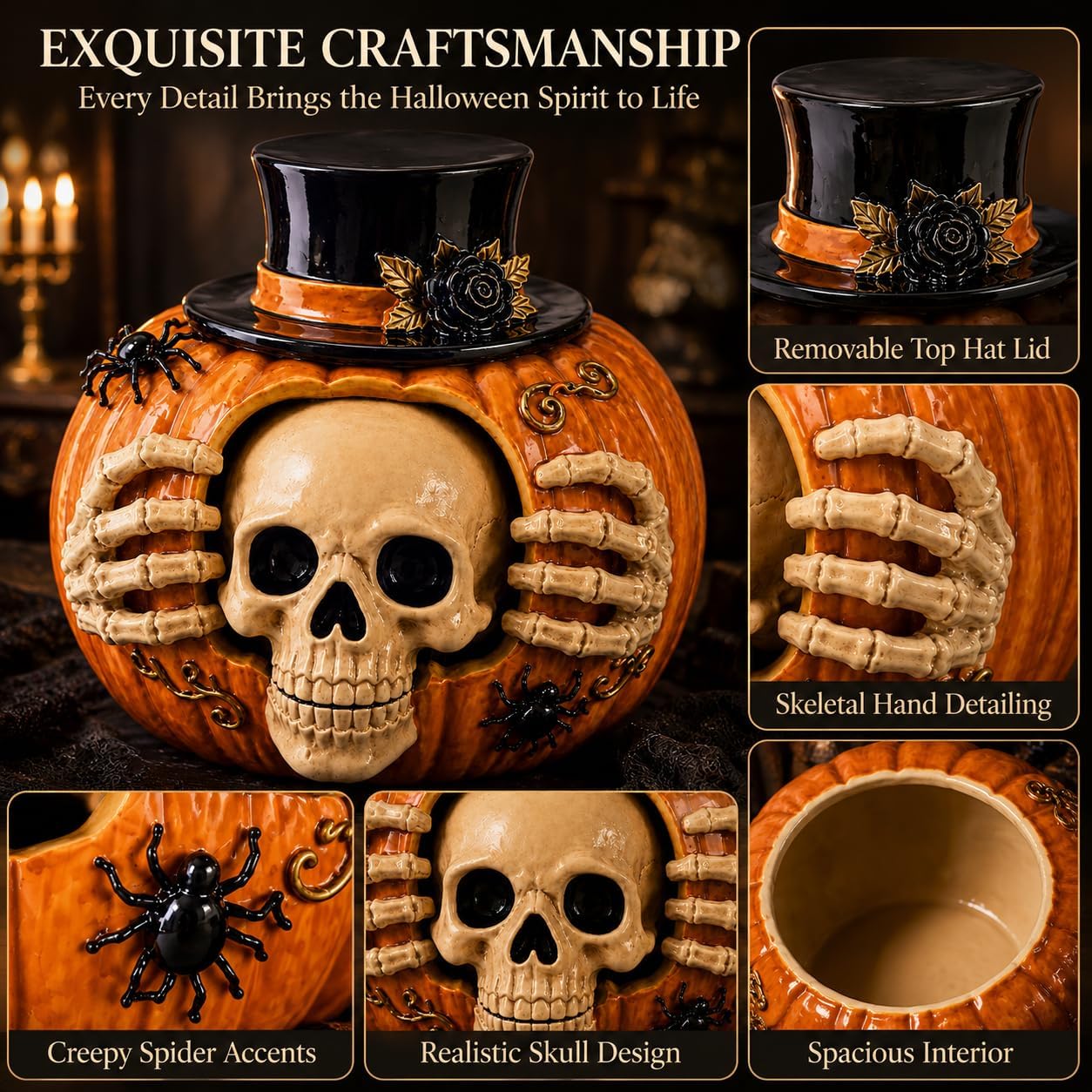Halloween Skull Pumpkin Candy Jar with Removable Lid Spooky Skeleton Hand Pumpkin Treat Jar for Party Decor