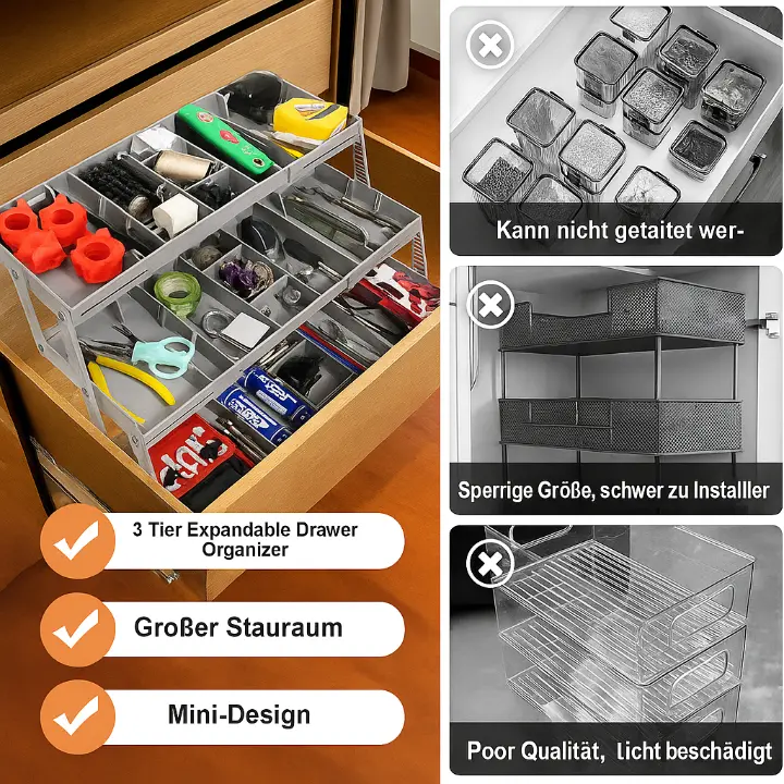 Smart 3 Tier Drawer Organizer - Expandable & Space Saving for Standard Drawers