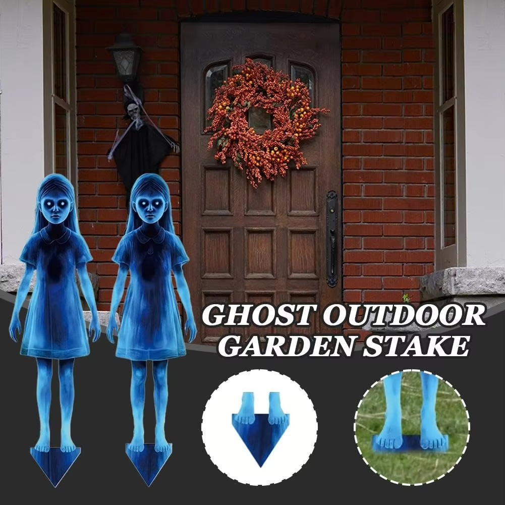 Lighted Ghosts Outdoor Halloween Decoration, Metal Yard Stakes with Glowing Design