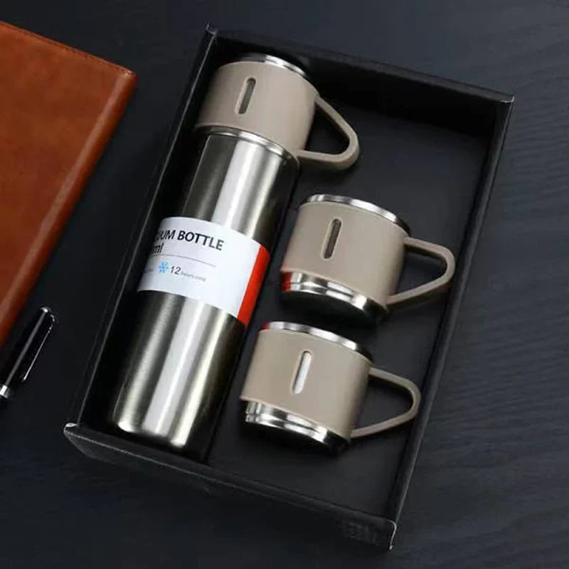 Thermos Flask Gift Set with 3 Mugs - Hot & Cold, 500ml