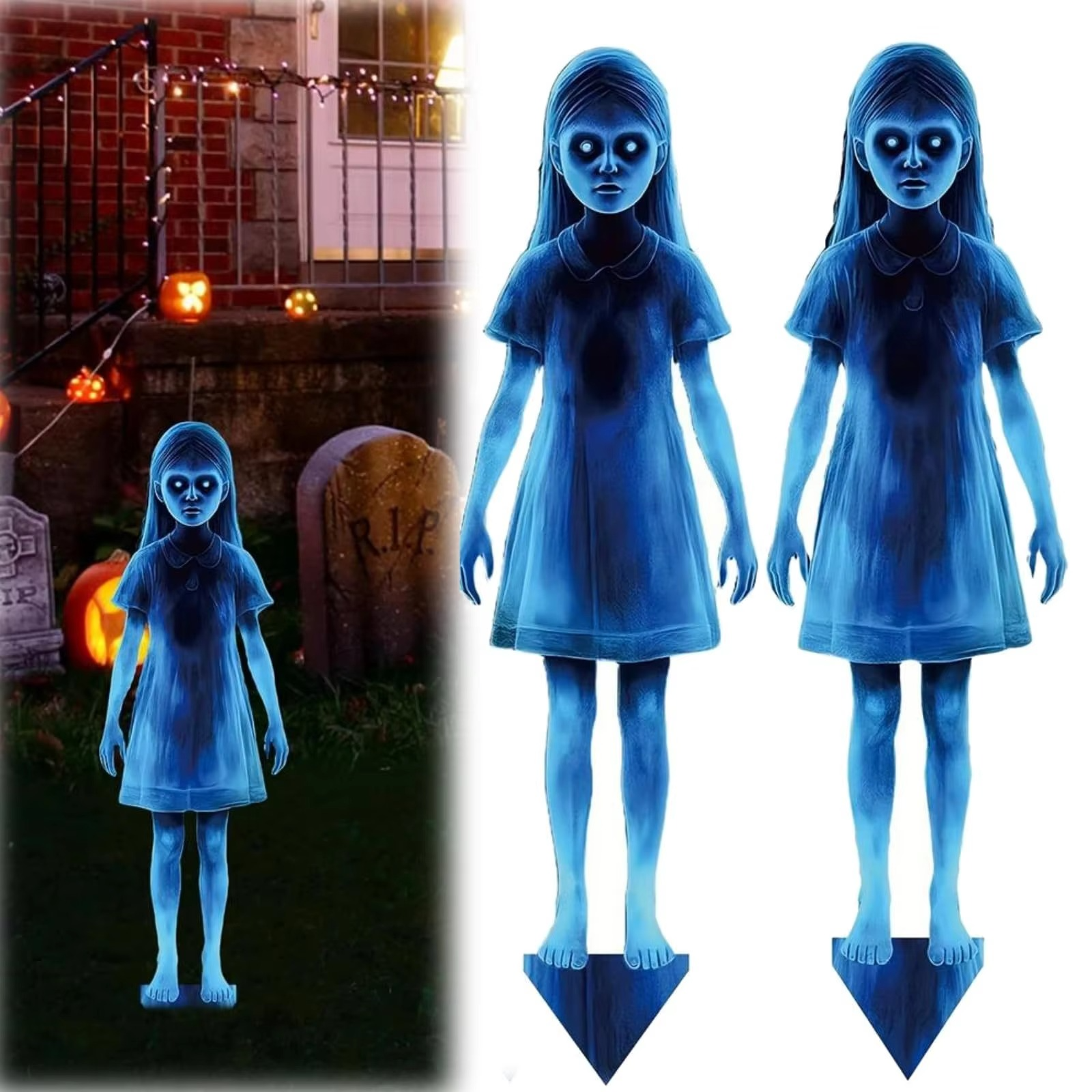 Lighted Ghosts Outdoor Halloween Decoration, Metal Yard Stakes with Glowing Design