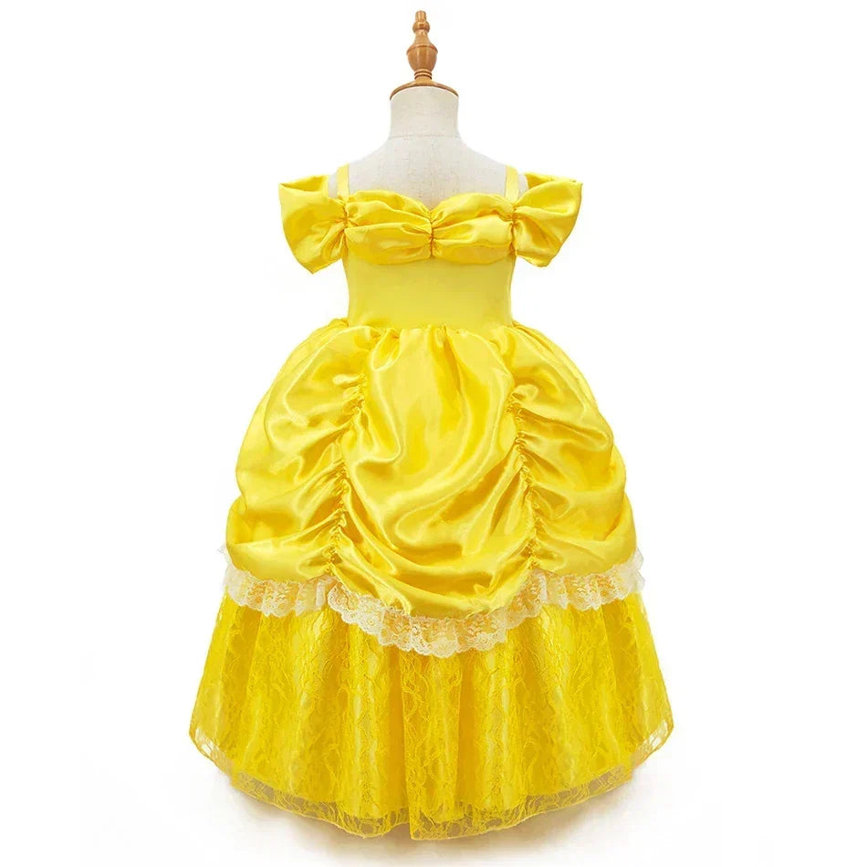 Girls Princess Gown Costume with Tiara and Gloves – Complete Belle-Inspired Dress-Up Set for Birthday Parties, Halloween, Cosplay & Special | Thomler