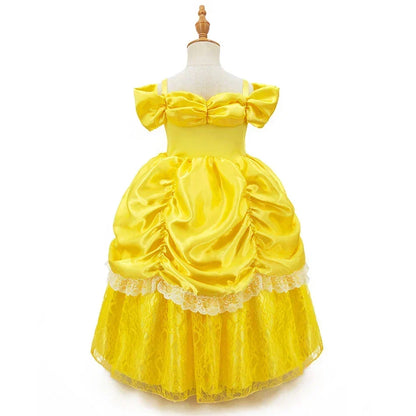Girls Princess Gown Costume with Tiara and Gloves – Complete Belle-Inspired Dress-Up Set for Birthday Parties, Halloween, Cosplay & Special | Thomler