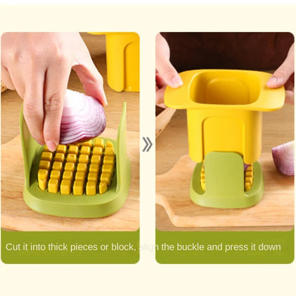 Vegetable cutter hand pressure mechanism for chips and cubes