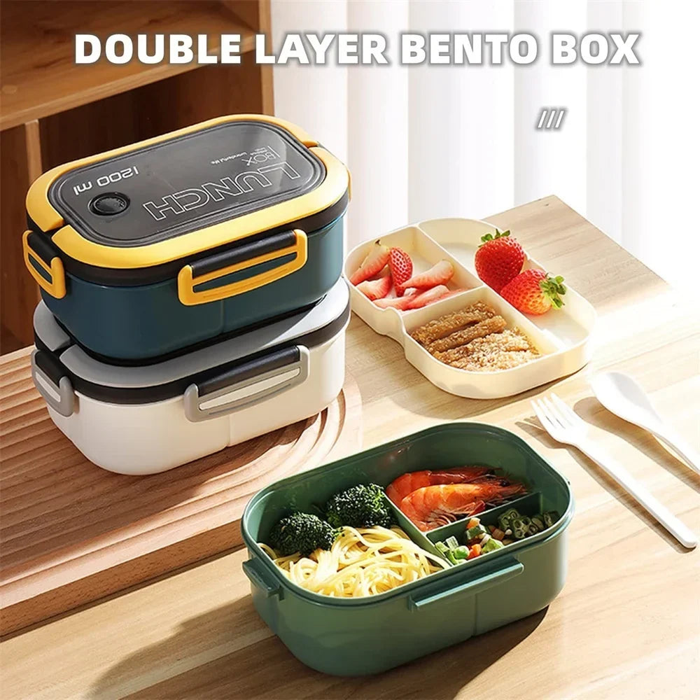 Bento box 2 levels with spoon and fork, 1200 ml