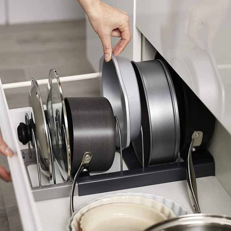 Extendable pan and lid holder – for drawers and cupboards