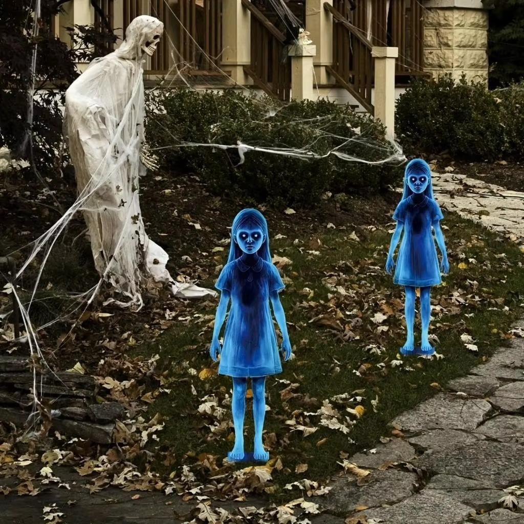 Lighted Ghosts Outdoor Halloween Decoration, Metal Yard Stakes with Glowing Design