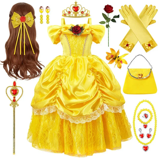 Girls Princess Gown Costume with Tiara and Gloves – Complete Belle-Inspired Dress-Up Set for Birthday Parties, Halloween, Cosplay & Special | Thomler