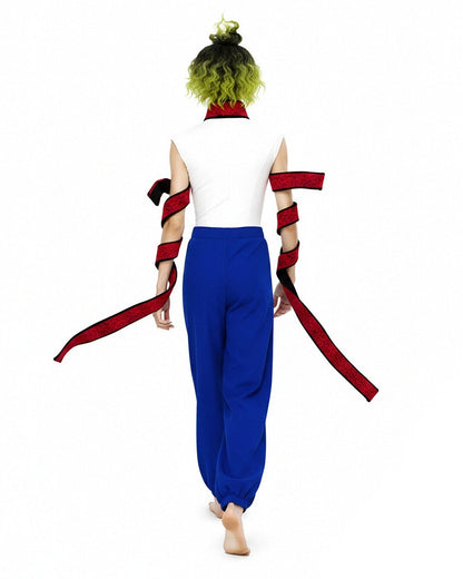 Adult Demon Brother Outfit Blue Baggy Pants Red Neck Choker and Arm Bandages Set for Cosplay