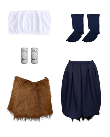 Women Wild Beast Costume White Tube Top Faux Fur Skirt and Blue Pants Socks Wraps Set for Halloween Carnival