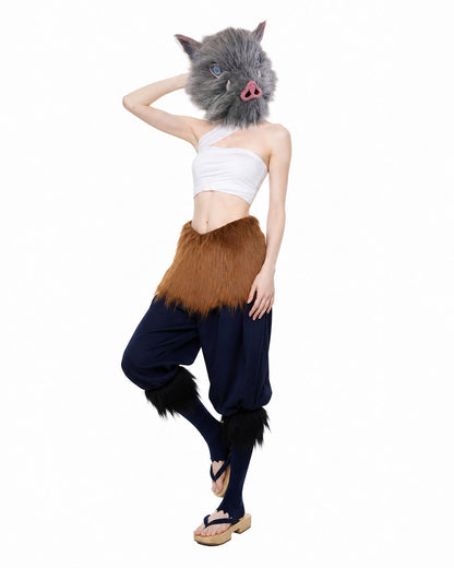 Women Wild Beast Costume White Tube Top Faux Fur Skirt and Blue Pants Socks Wraps Set for Halloween Carnival