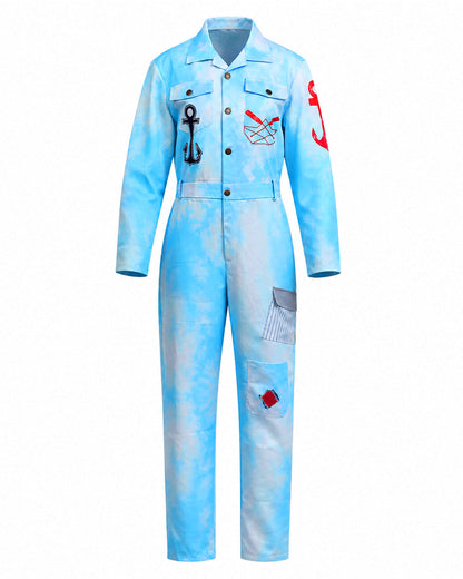 Royal Sailor Twin Costume Blue Jumpsuit with Striped Shirt and Hat for Kids Adults Halloween Cosplay Party